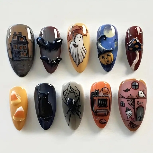 Halloween Haunted Mansion, Bat, Ghost, Spider, & Cat Almond Press On Nails Set - Picture 1 of 4